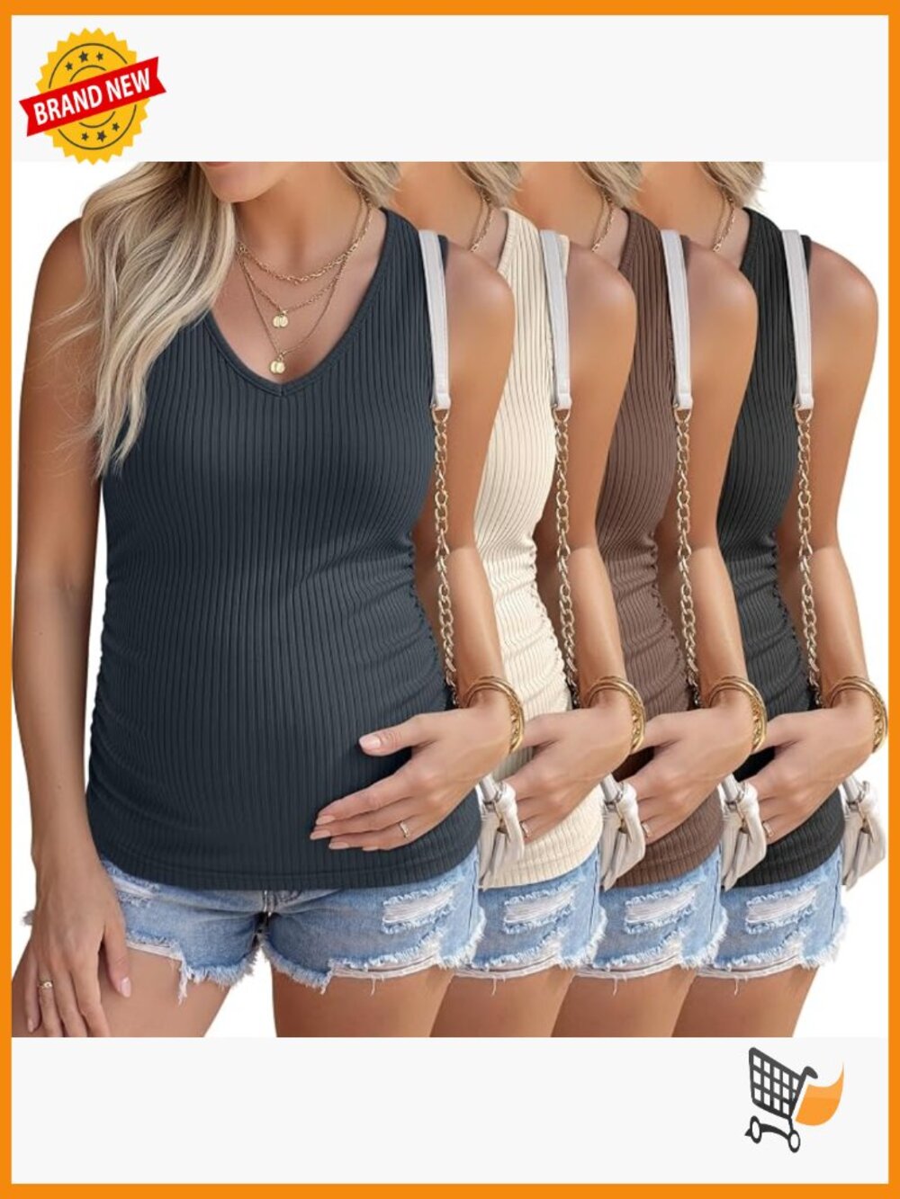 4 Pack Maternity Tank Tops V Neck Ribbed Sleeveless Side Ruched Pregnancy Shirts
